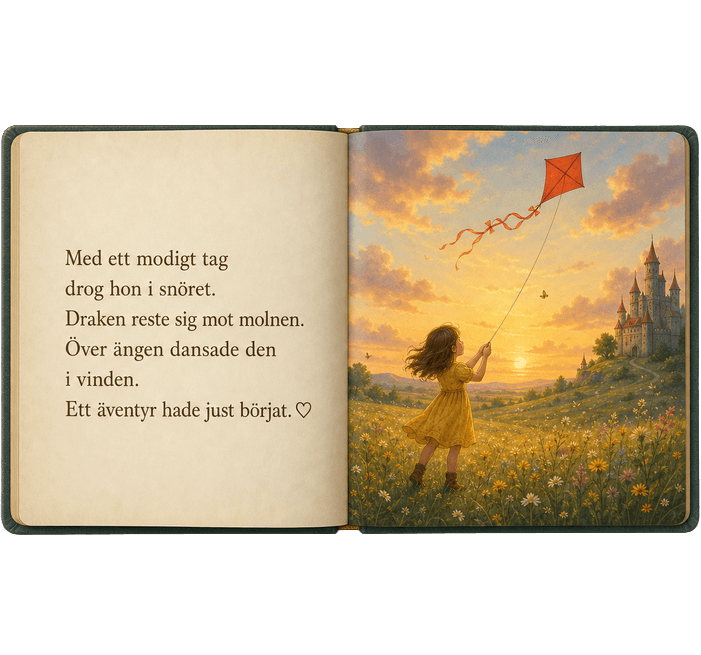 En personlig sagobok med barnet som flyger drake i berättelsen
